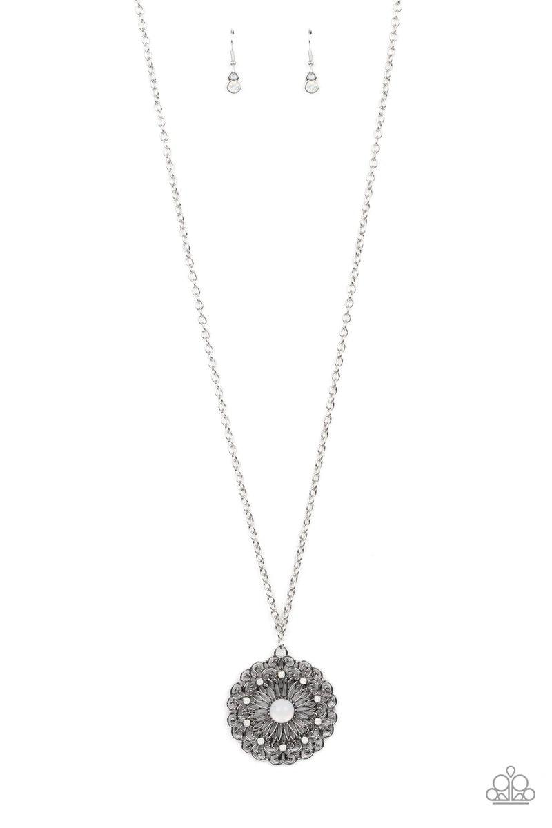 Paparazzi Accessories Opal Gardens - White Dotted in dainty opalescent beads, stacks of whimsical silver petals bloom from an opal beaded center, creating a decorative floral pendant at the bottom of a lengthened silver chain. Features an adjustable clasp