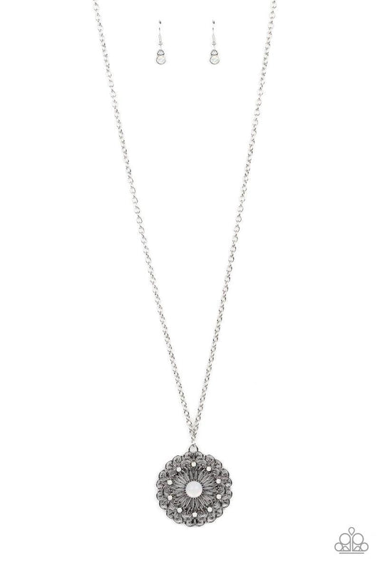 Paparazzi Accessories Opal Gardens - White Dotted in dainty opalescent beads, stacks of whimsical silver petals bloom from an opal beaded center, creating a decorative floral pendant at the bottom of a lengthened silver chain. Features an adjustable clasp
