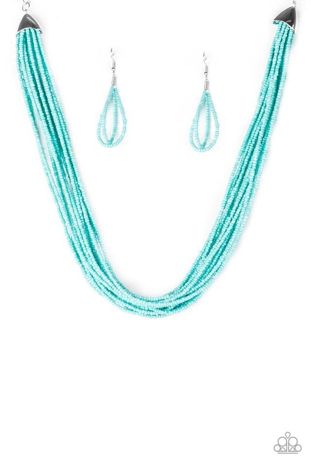 Paparazzi Accessories Wide Open Spaces ~Blue Infused with two large silver fittings, refreshing Blue Radiance seed beads are threaded along countless strands, creating dramatic layers below the collar for a seasonal look. Features an adjustable clasp clos