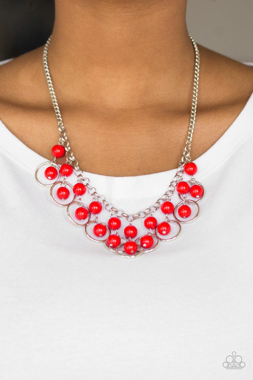 Paparazzi Accessories Really Rococo - Red Polished red beads and shimmery silver hoops drip from the bottom of a glistening silver chain, creating a playful fringe below the collar. Features an adjustable clasp closure. Jewelry