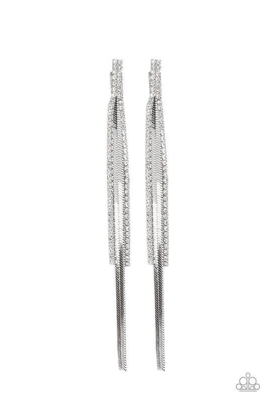 Paparazzi Accessories Flavor of the SLEEK - White Two strands of dainty white rhinestones join a flat silver chain, coalescing into an edgy lure. Earring attaches to a standard post fitting. Jewelry