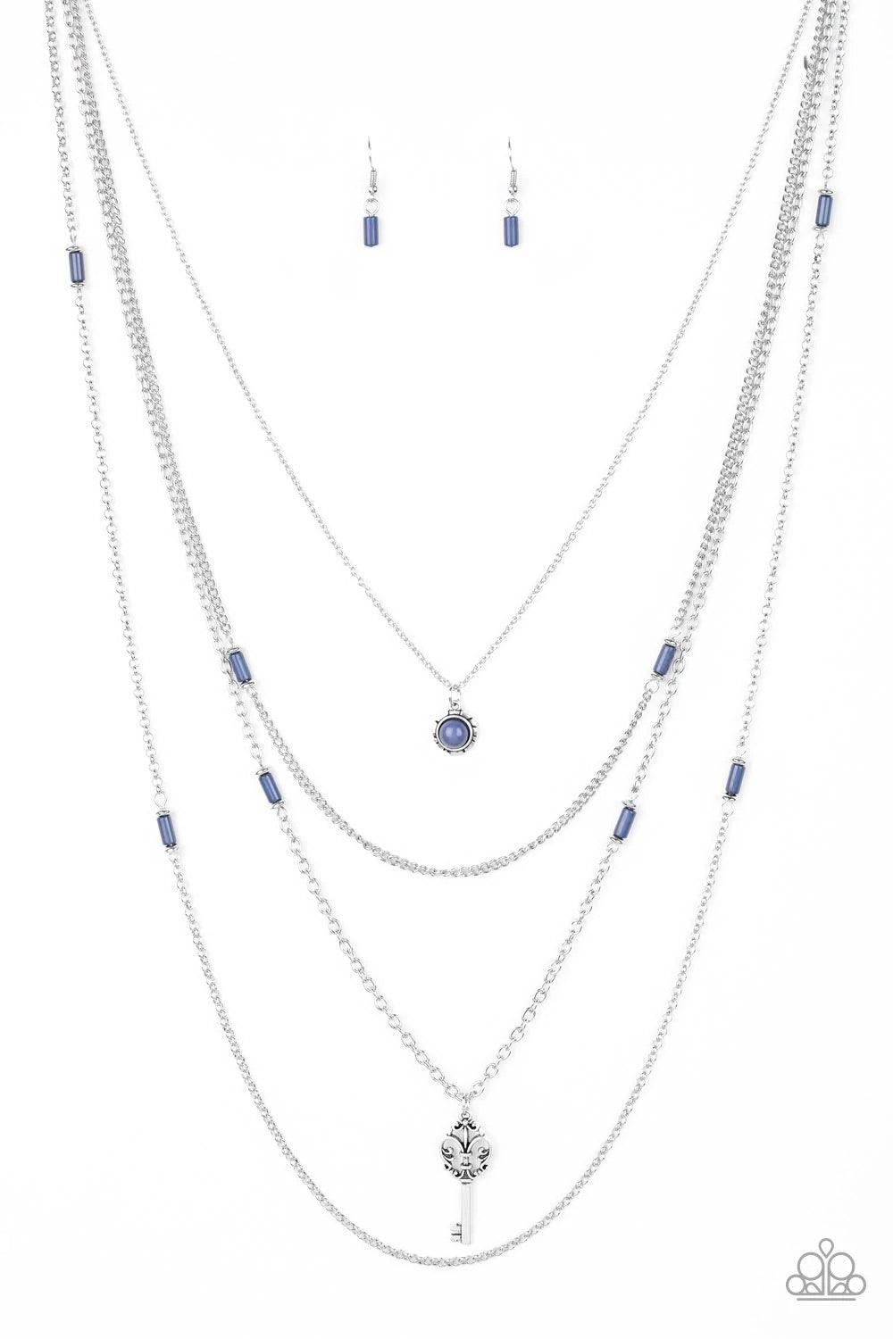Paparazzi Accessories Key Keynote - Blue Featuring shiny blue and dainty silver accents, a blue beaded pendant gives way to a shimmery silver key for a whimsically layered look. Features an adjustable clasp closure. Sold as one individual necklace. Includ