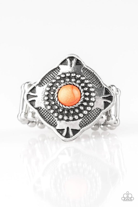 Paparazzi Accessories Four Corners Fashion - Orange Embossed and studded in tribal inspired patterns, a tilted square frame sits atop the finger. A vivacious orange stone dots the center of the frame for a seasonal finish. Features a stretchy band for a f