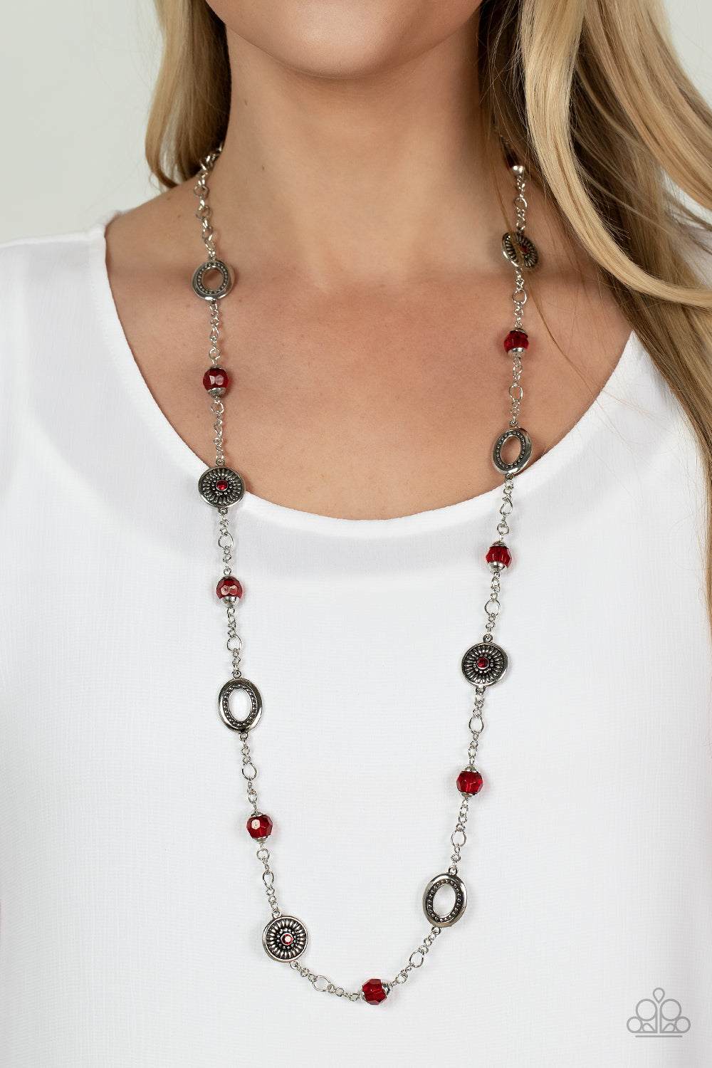 Paparazzi Accessories Glammed up Goals - Red Faceted red beads capped in silver accents and antiqued silver medallions dotted with red rhinestone centers and radiating texture alternate with sections of silver chain creating a charismatic allure across th