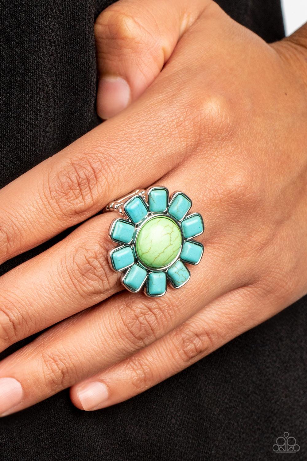 Paparazzi Accessories Mojave Marigold - Green Square cut turquoise stones fan out from an oversized green stone center, blooming into an artisan inspired blossom atop the finger. Features a stretchy band for a flexible fit. Sold as one individual ring. Je