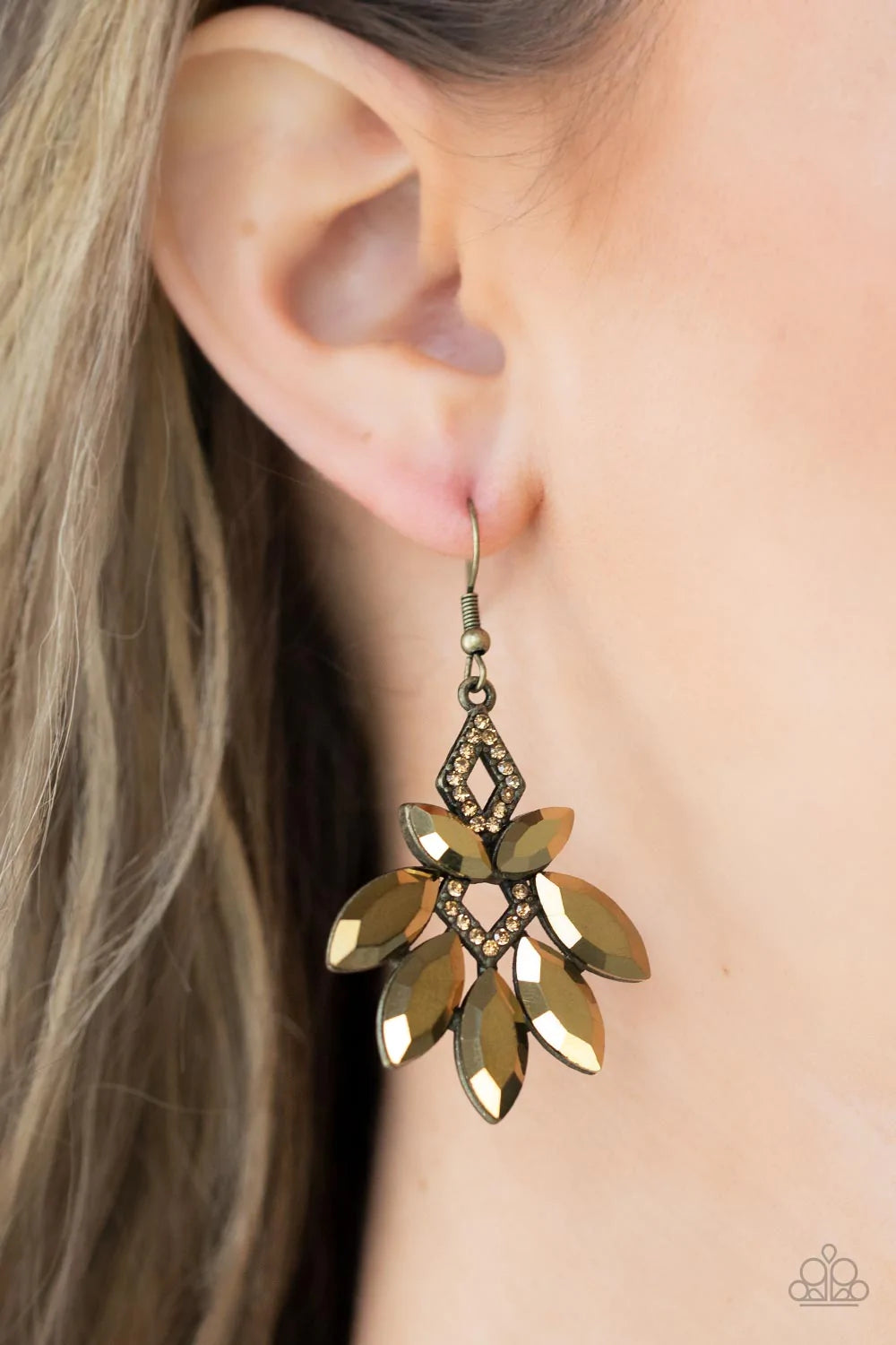 Paparazzi Accessories Galaxy Grandeur - Brass Featuring regal marquise style cuts, oversized aurum gems fan out from golden topaz rhinestone dotted brass frames that stack into a glamorous lure. Earring attaches to a standard fishhook fitting. Sold as one