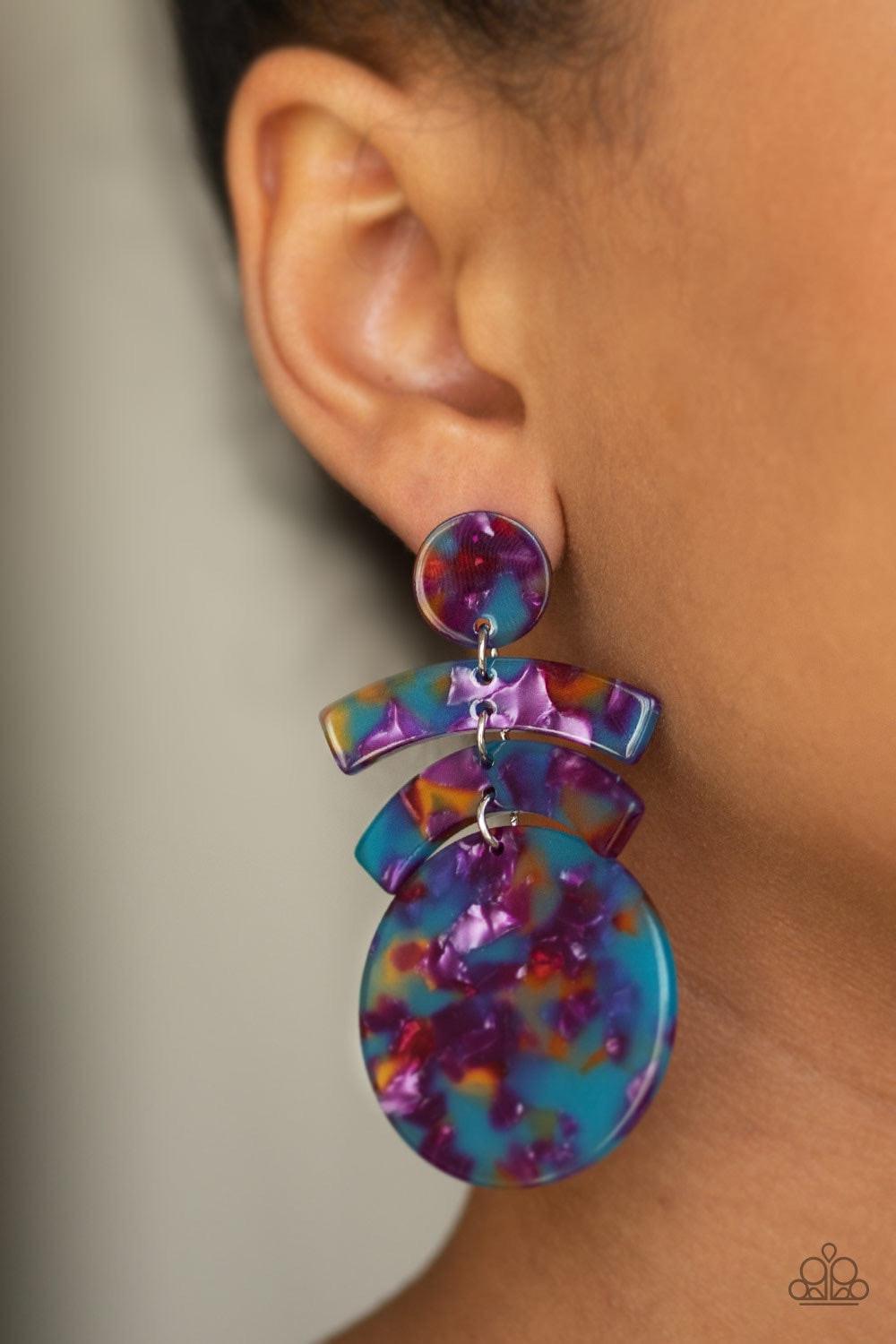 Paparazzi Accessories In the HAUTE Seat - Multi Featuring a faux-marble finish, shiny acrylic frames link into an abstract lure for a retro look. Earring attaches to a standard post fitting. Jewelry