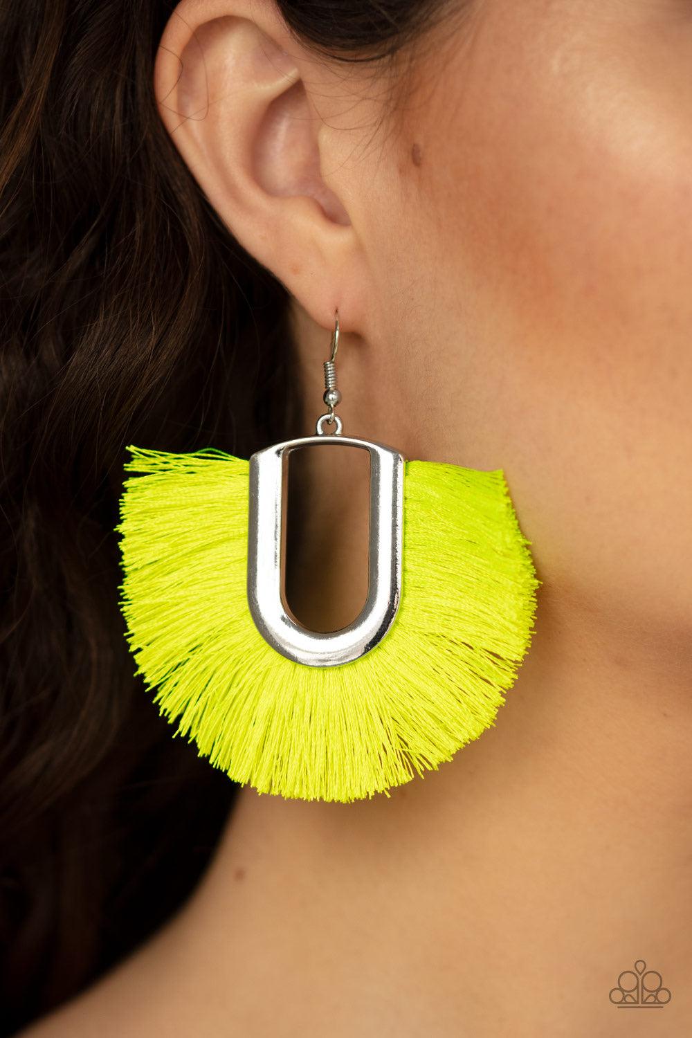 Paparazzi Accessories Tassel Tropicana - Yellow Neon yellow thread fans out from a striking silver fitting, creating a vivacious fringe. Earring attaches to a standard fishhook fitting. Jewelry