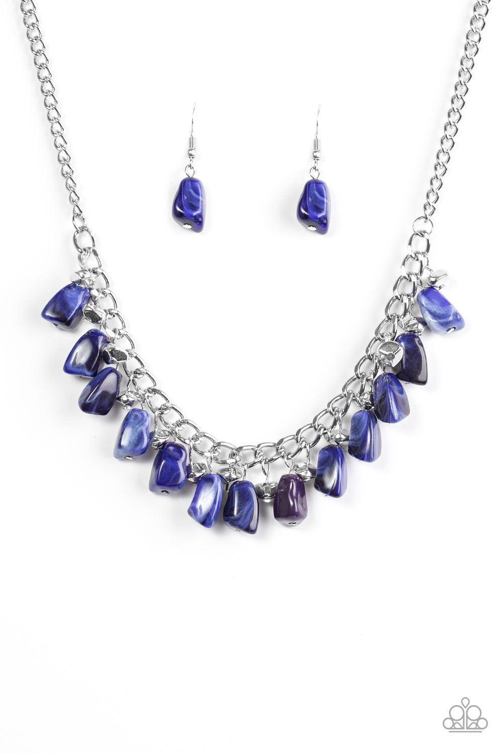 Paparazzi Accessories Rocky Shores ~Blue Faceted silver and blue faux-rock beading trickle from the bottom of a bold silver chain, creating a colorful fringe below the collar. Features an adjustable clasp closure.