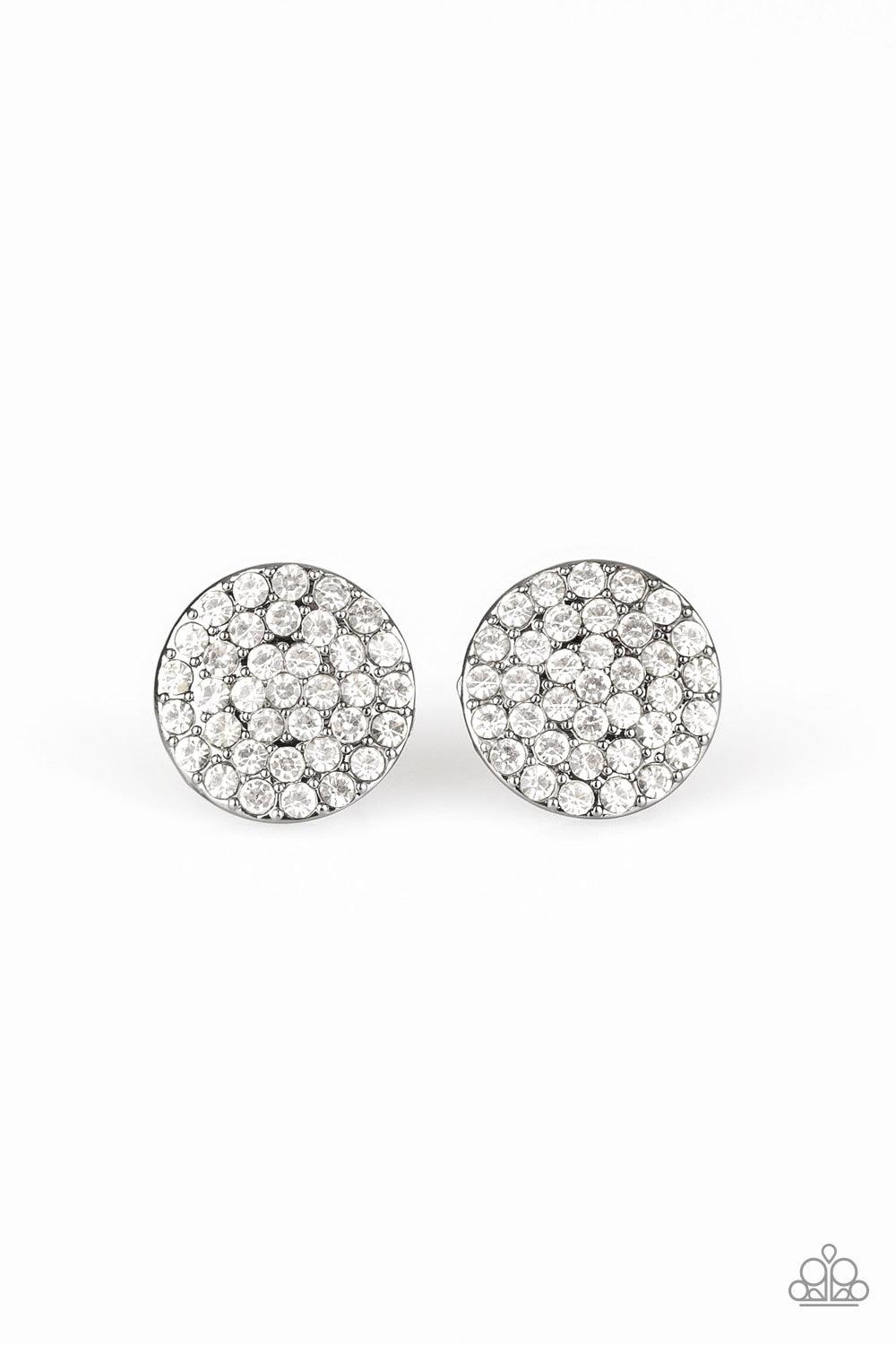 Paparazzi Accessories Bling Tastic! - White Featuring a regal square-cut, a glittery white gem is pressed into a frame radiating with glassy white rhinestones for a timeless flair. Earring attaches to a standard post fitting. Sold as one pair of post earr