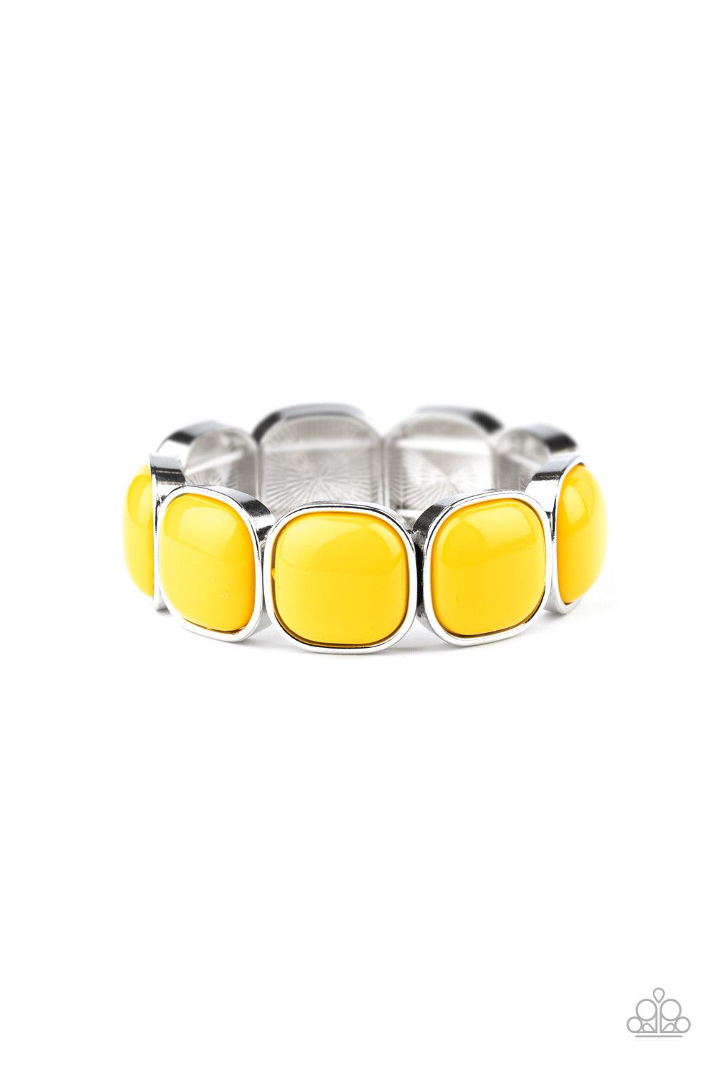 Paparazzi Accessories Vivacious Volume - Yellow Sunny yellow beads are pressed into sleek silver fittings that slide along stretchy bands around the wrist, creating a vivacious pop of color. Jewelry