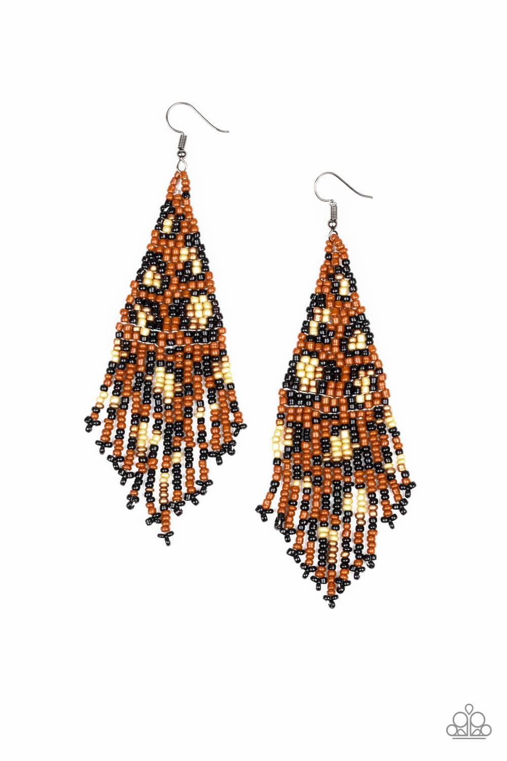 Paparazzi Accessories Bodacious Bombshell - Brown Featuring black, brown and golden seed beads, dainty beaded tassels swing from the bottom of a beaded triangular frame for a tribal inspired look. Earring attaches to a standard fishhook fitting. Sold as o