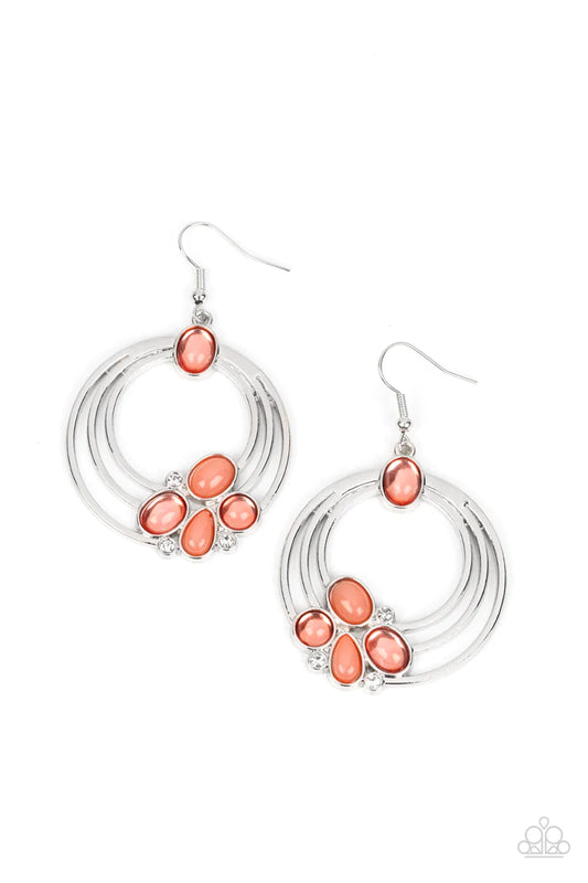Paparazzi Accessories Dreamy Dewdrops - Orange Glassy and opaque coral beads are strategically placed around rings of silver and accented white rhinestones to create a dreamy beach look. Earring attaches to a standard fishhook fitting. Sold as one pair of