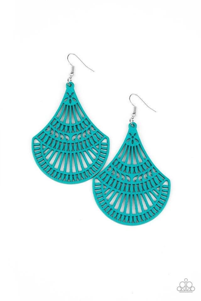 Paparazzi Accessories Tropical Tempest ~Blue Painted in a refreshing blue finish, a wooden teardrop-like frame is cut into an airy stenciled pattern for a colorfully seasonal look. Earring attaches to a standard fishhook fitting. Sold as one pair of earri