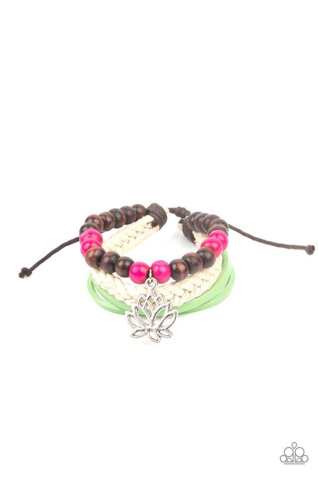Paparazzi Accessories Lotus Beach - Pink Featuring a silver lotus charm, a strand of brown and pink wooden beads, braided white cording, and strands of Green Ash leather layer around the wrist for a seasonal flair. Features an adjustable sliding knot clos