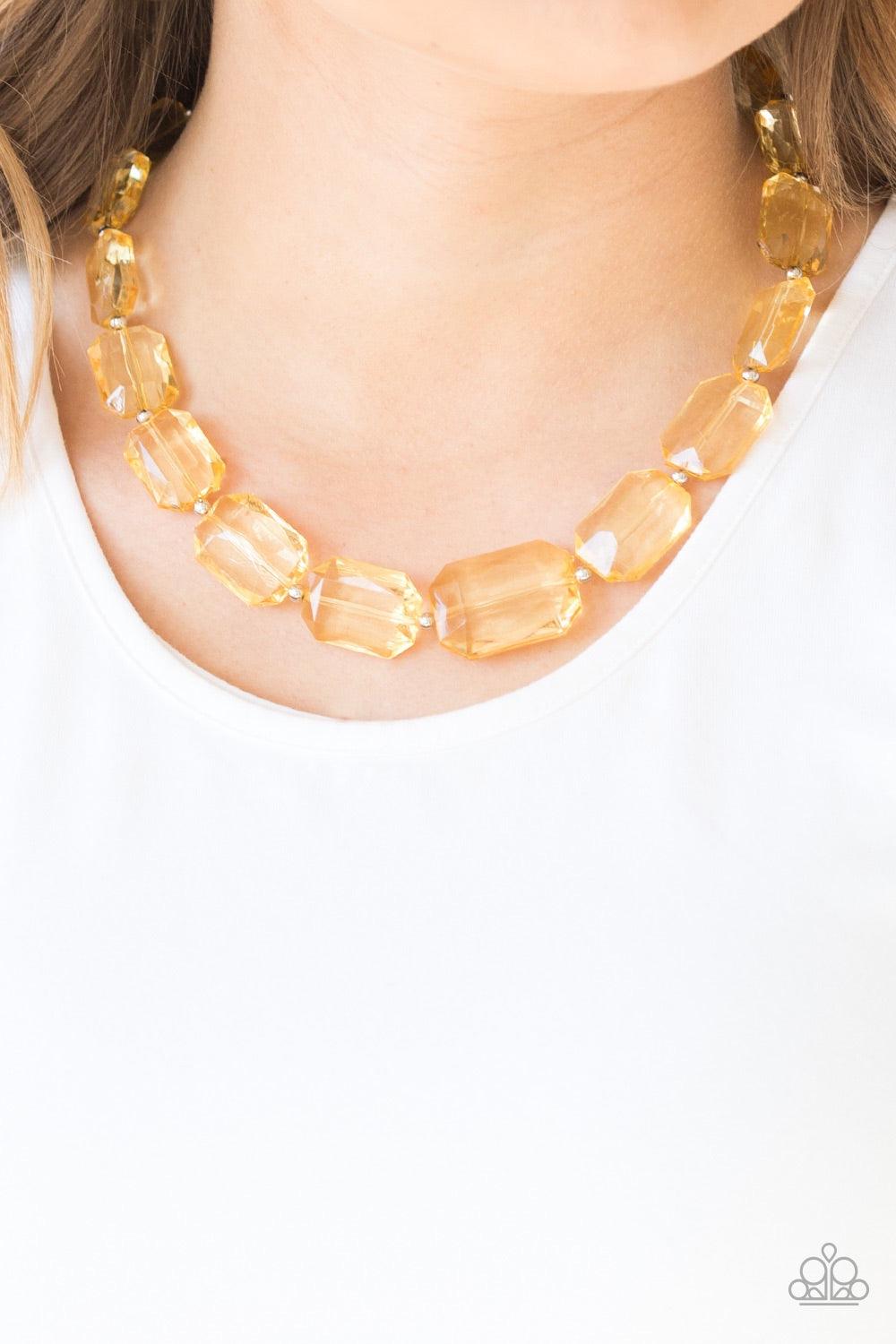 Paparazzi Accessories ICE Versa - Yellow Infused with dainty silver beads, glassy yellow emerald-cut beads gradually increase in size as they drape below the collar. Features an adjustable clasp closure. Jewelry