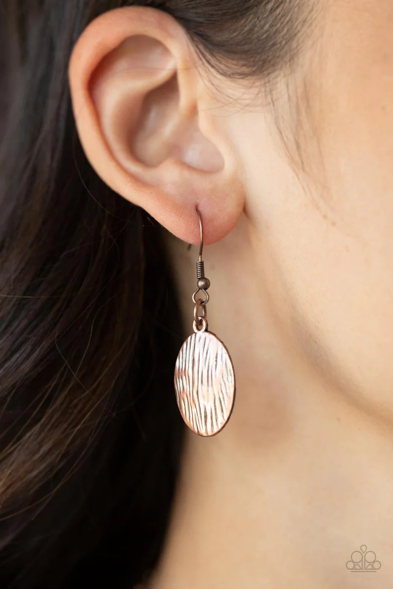 Paparazzi Accessories Keys to the ANIMAL Kingdom - Copper Etched in rustic copper textures, a pair oversized chevron-like copper frames delicately link into a wild statement piece. Matching textured copper discs swing from the bottom of the stacked displa