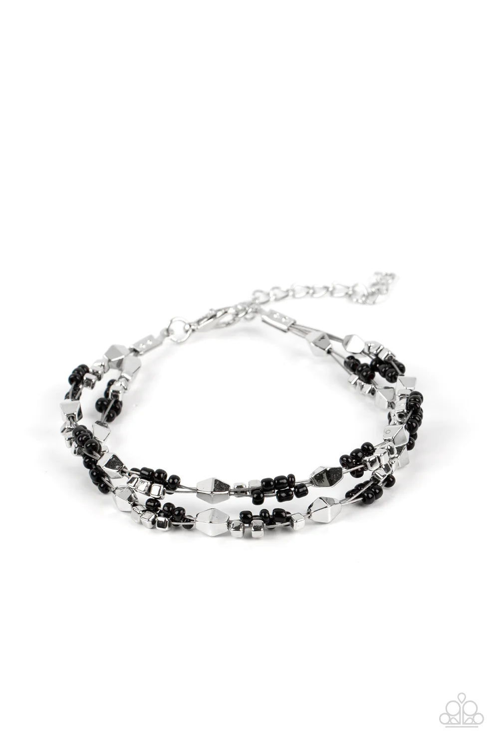 Paparazzi Accessories Elite Explorer - Black A dainty collection of faceted silver beads, black seed beads, and silver cubes are threaded along multiple strands of silver wire around the wrist, creating clustered layers. Features an adjustable clasp closu