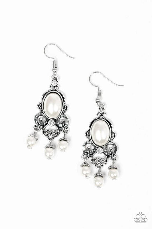 Paparazzi Accessories I Better Get GLOWING - White Dotted silver filigree spins around a pearly white bead and dainty white rhinestones, coalescing into a regal frame. A pearly fringe swings from the bottom of the frame for a refined finish. Earring attac