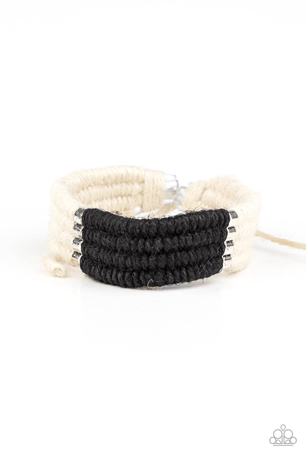 Paparazzi Accessories Hot Cross BUNGEE - Black Infused with metallic frames, rows of white and black twine-like cording knot into an earthy display around the wrist. Features an adjustable sliding knot closure. Sold as one individual bracelet. Bracelet