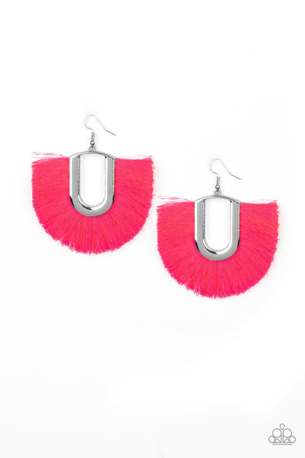 Paparazzi Accessories Tassel Tropicana - Pink Neon pink thread fans out from a striking silver fitting, creating a vivacious fringe. Earring attaches to a standard fishhook fitting. Jewelry