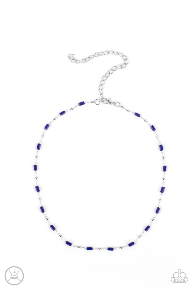 Paparazzi Accessories Urban Expo - Blue Dainty silver beads and cylindrical blue beads delicately link around the neck, creating a minimalist inspired pop of color. Features an adjustable clasp closure. Sold as one individual choker necklace. Includes one