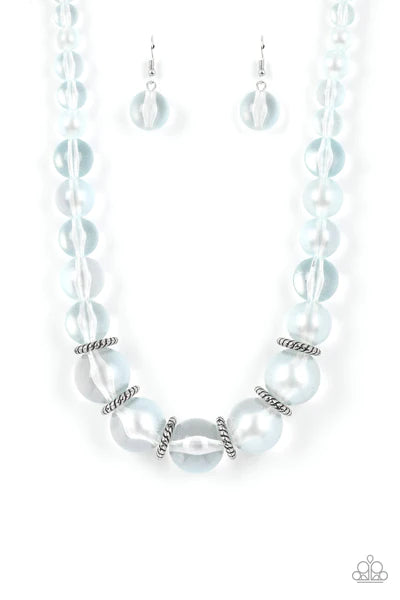 Paparazzi Accessories Marina Mirage - Blue Lightly brushed in a pearly Spun Sugar shimmer, glassy translucent beads gradually increase in size as they are threaded along an invisible wire below the collar. Textured silver rings separate the largest beads,