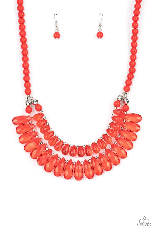 Paparazzi Accessories All Across The GLOBETROTTER - Red Varying in size, a glassy collection of red teardrops alternate with dainty silver beads in two rows below the collar for a glamorous pop of color. Features an adjustable clasp closure. Sold as one i