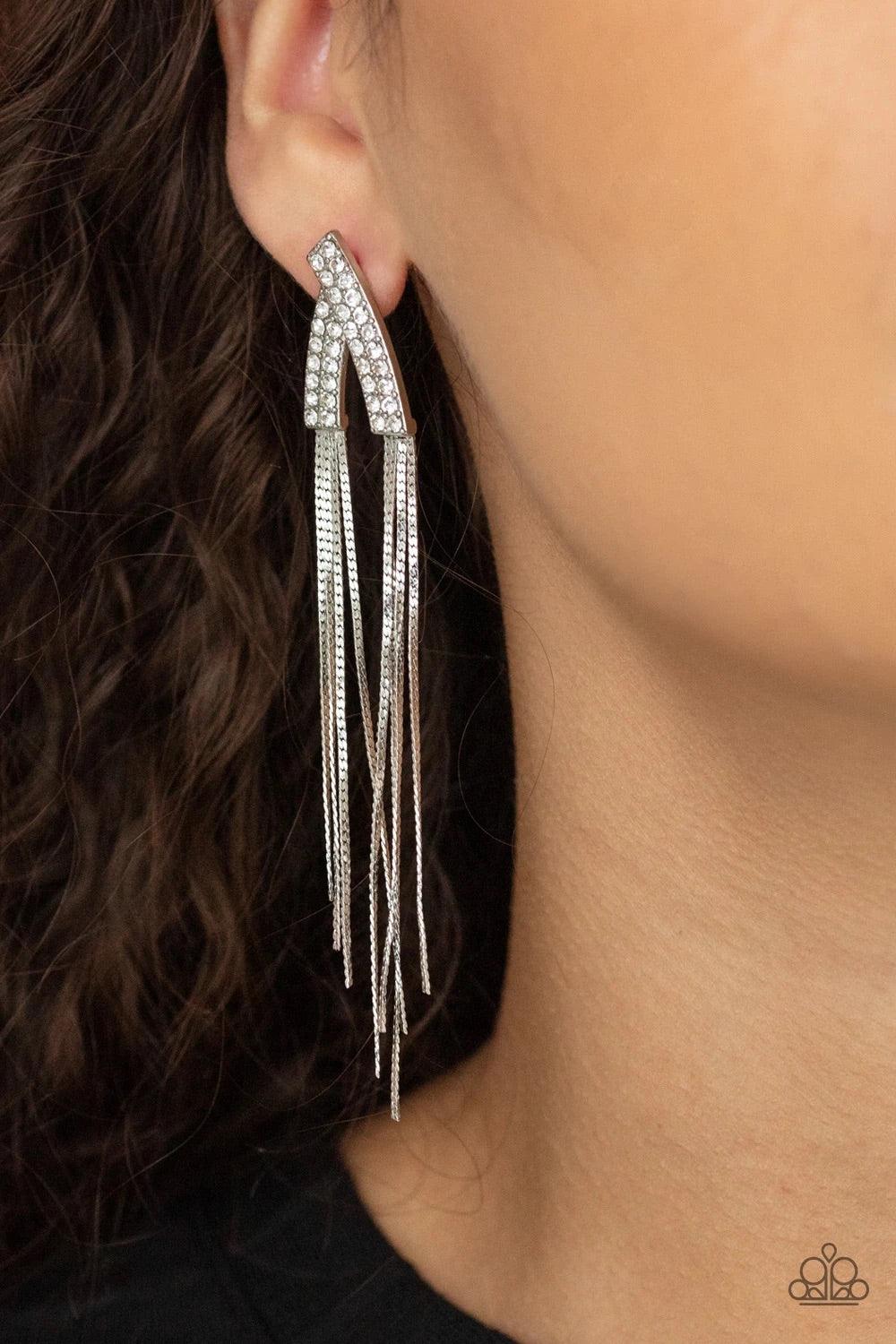 Paparazzi Accessories It Takes Two To TASSEL - White Encrusted in double rows of glassy white rhinestones, two glistening silver frames overlap into a v-shaped frame. Flat silver chains stream from the bottom of the glittery frame, creating an edgy tassel