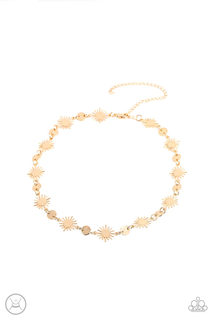 Paparazzi Accessories Astro Goddess - Gold Dainty gold discs delicately alternate with starry gold sunbursts, linking into a celestial centerpiece around the neck. Features an adjustable clasp closure. Sold as one individual choker necklace. Includes one