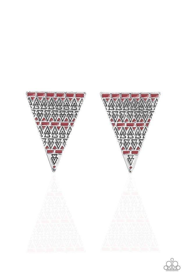 Paparazzi Accessories Terra Tricolor - Red Infused with shiny red painted accents, the front of an over sized silver triangle frame is stamped in stacked geometric patterns for a trendy tribal look. Earring attaches to a standard post fitting. Jewelry
