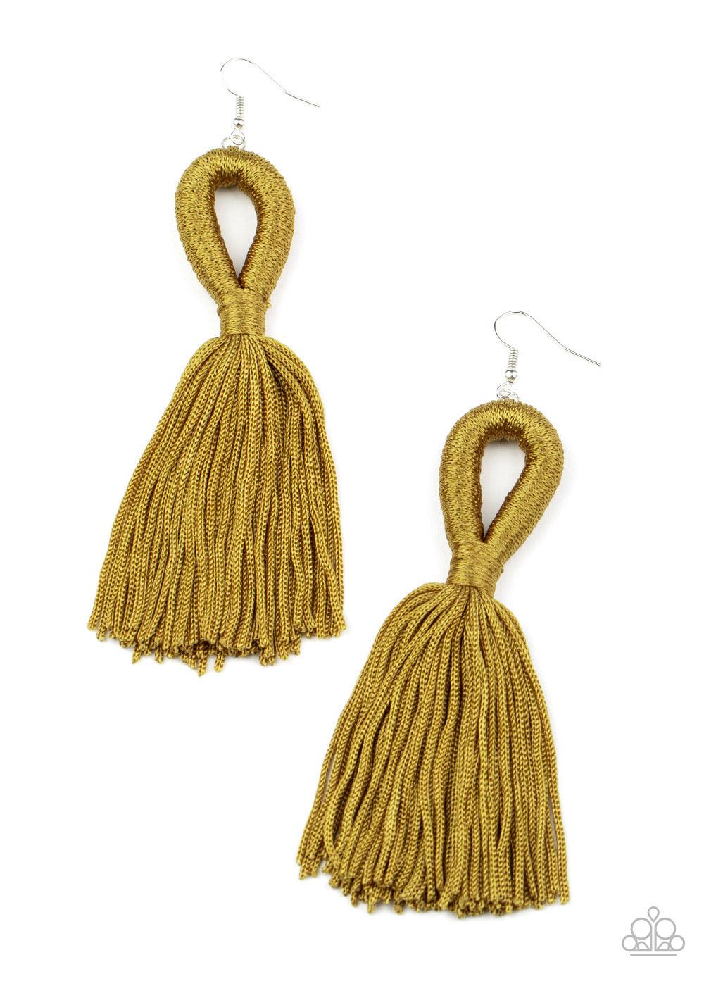 Paparazzi Accessories Tassels And Tiaras - Green Shiny Military Olive cording delicately loops and knots into an elegant tassel. Earring attaches to a standard fishhook fitting. Sold as one pair of earrings. This piece was featured as part of our Fall Tra