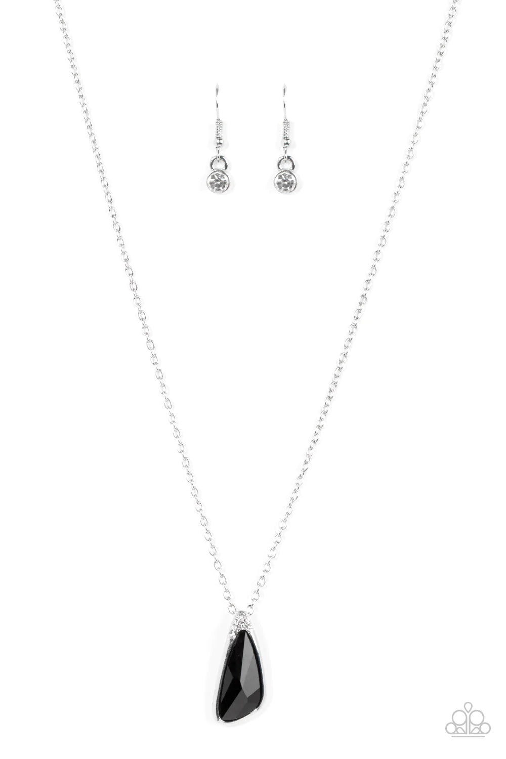 Paparazzi Accessories Envious Extravagance -Black An asymmetrical black gem is pressed into a shiny silver frame dusted in glassy white rhinestones, resulting in a refined pendant at the bottom of a dainty silver chain. Features an adjustable clasp closur