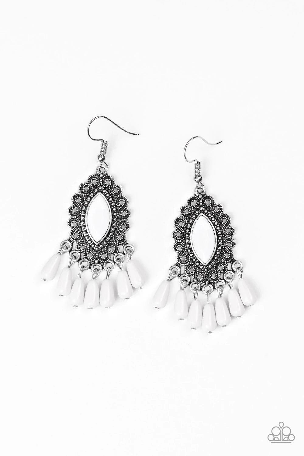 Paparazzi Accessories Private Villa - White A faceted white bead is pressed into the center of a studded silver frame radiating with antiqued filigree. Matching white beads swing from the bottom of the frame, creating a whimsical fringe. Earring attaches