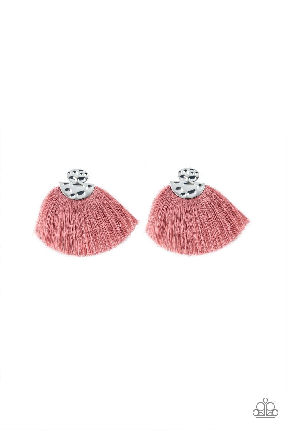 Paparazzi Accessories Make Some PLUME - Pink Delicately hammered in glistening details, a shimmery silver oval and half moon frame coalesce into an edgy lure. A plume of soft pink thread flares out from the bottom of the hammered frame, creating a vivacio