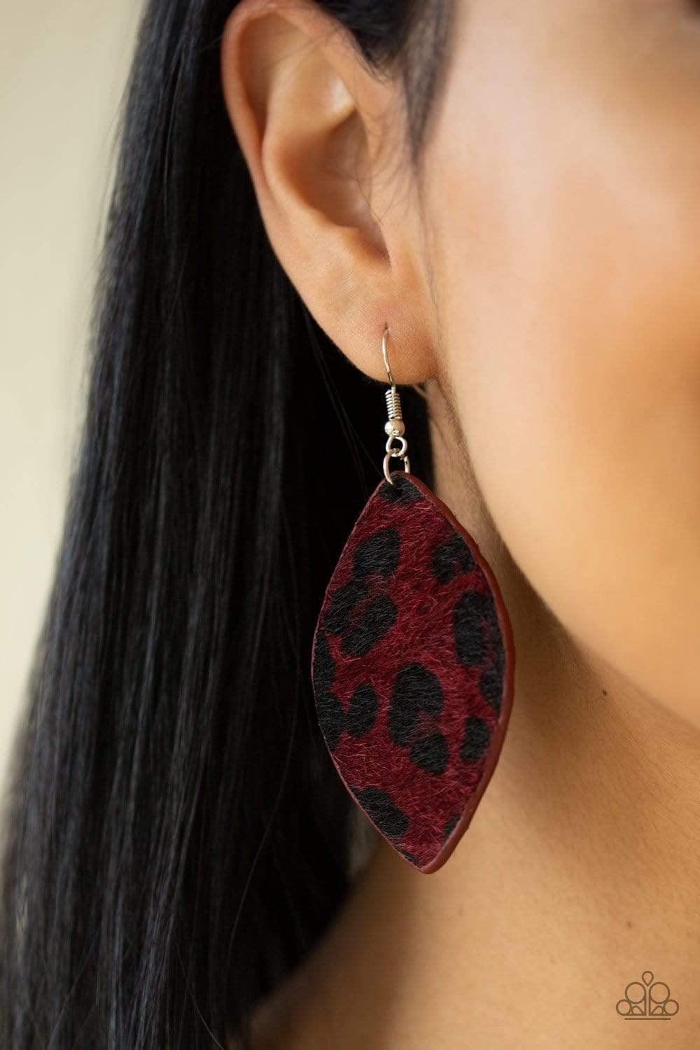 Paparazzi Accessories GRR-irl Power - Red Featuring black cheetah print, a fuzzy red almond-shaped frame swings from the ear for a wild look. Earring attaches to a standard fishhook fitting. Sold as one pair of earrings. Jewelry