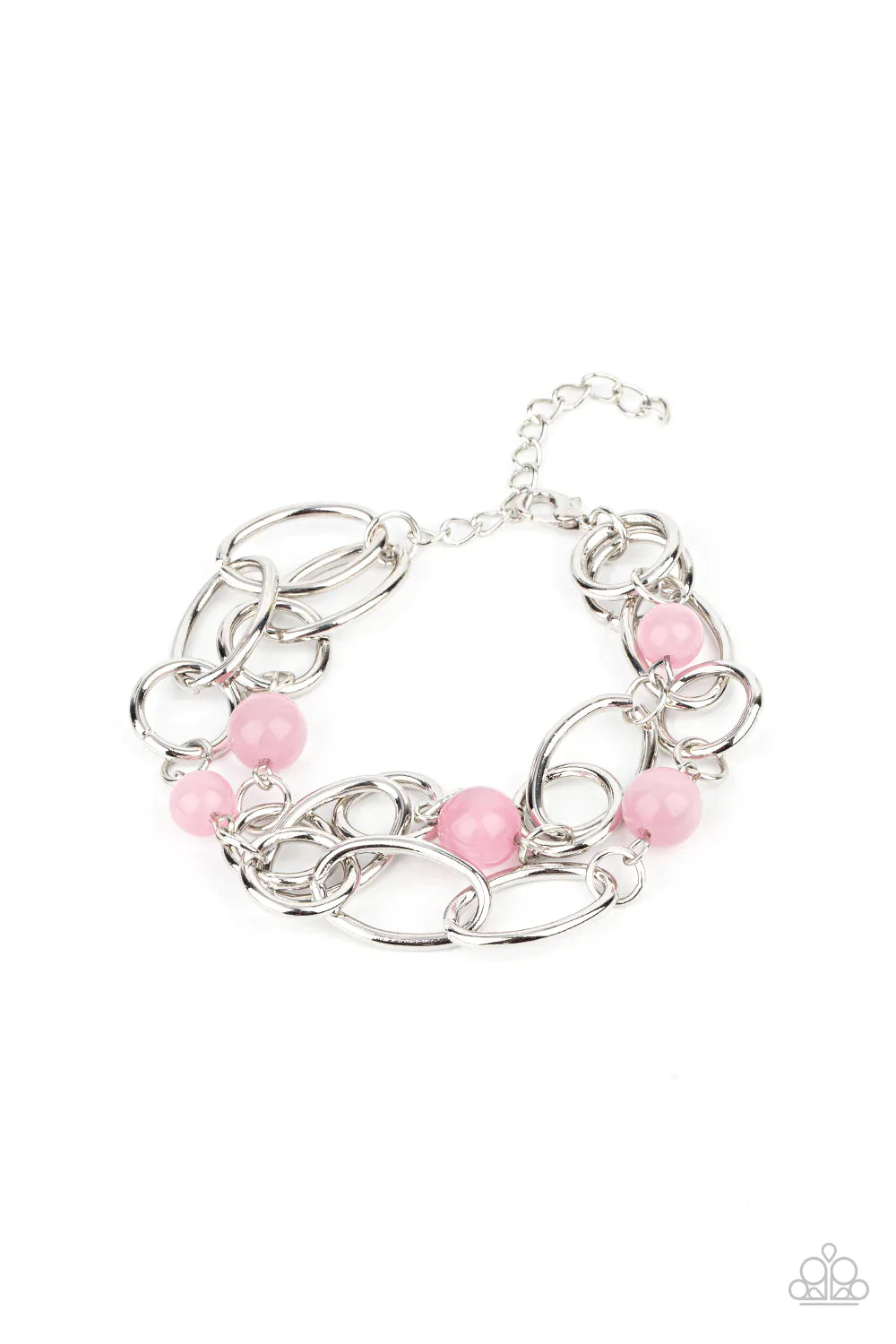 Paparazzi Accessories Delightfully Daydreamy - Pink Chunky silver links and glassy pink cat's eye stone beads join into two dreamy layers around the wrist, creating a whimsical centerpiece. Features an adjustable clasp closure. Sold as one individual brac