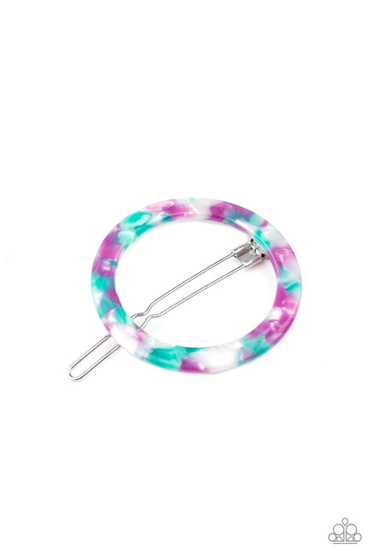 Paparazzi Accessories In The Round - Multi Featuring a colorful tortoise shell inspired pattern, a circular acrylic frame gently pulls back the hair for a retro inspired look. Features a clamp barrette closure. Sold as one individual ha Hair Accessories