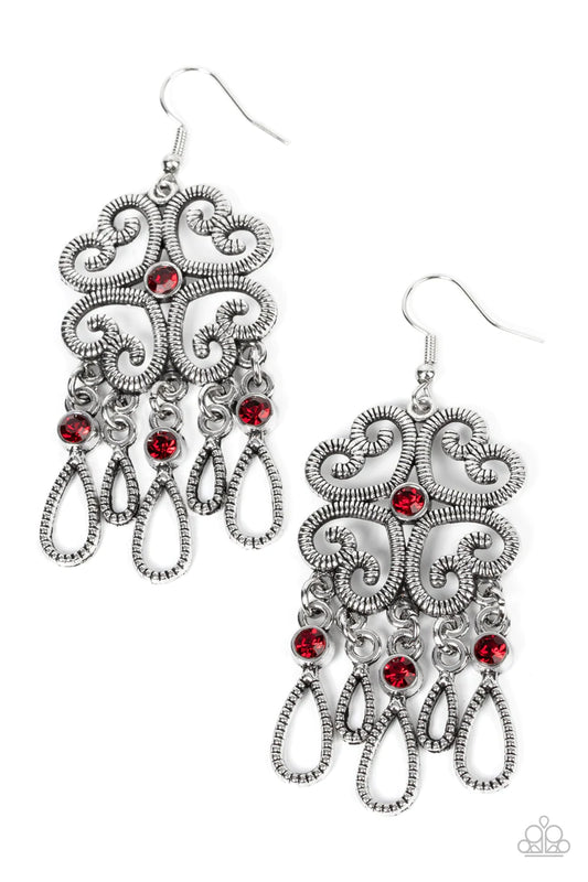 Paparazzi Accessories Majestic Makeover - Red Etched in linear texture, four whimsical hearts coalesce into an airy frame. A dainty red rhinestone dots the center while a flirty fringe of teardrop frames adorned with fiery red rhinestones sways below for
