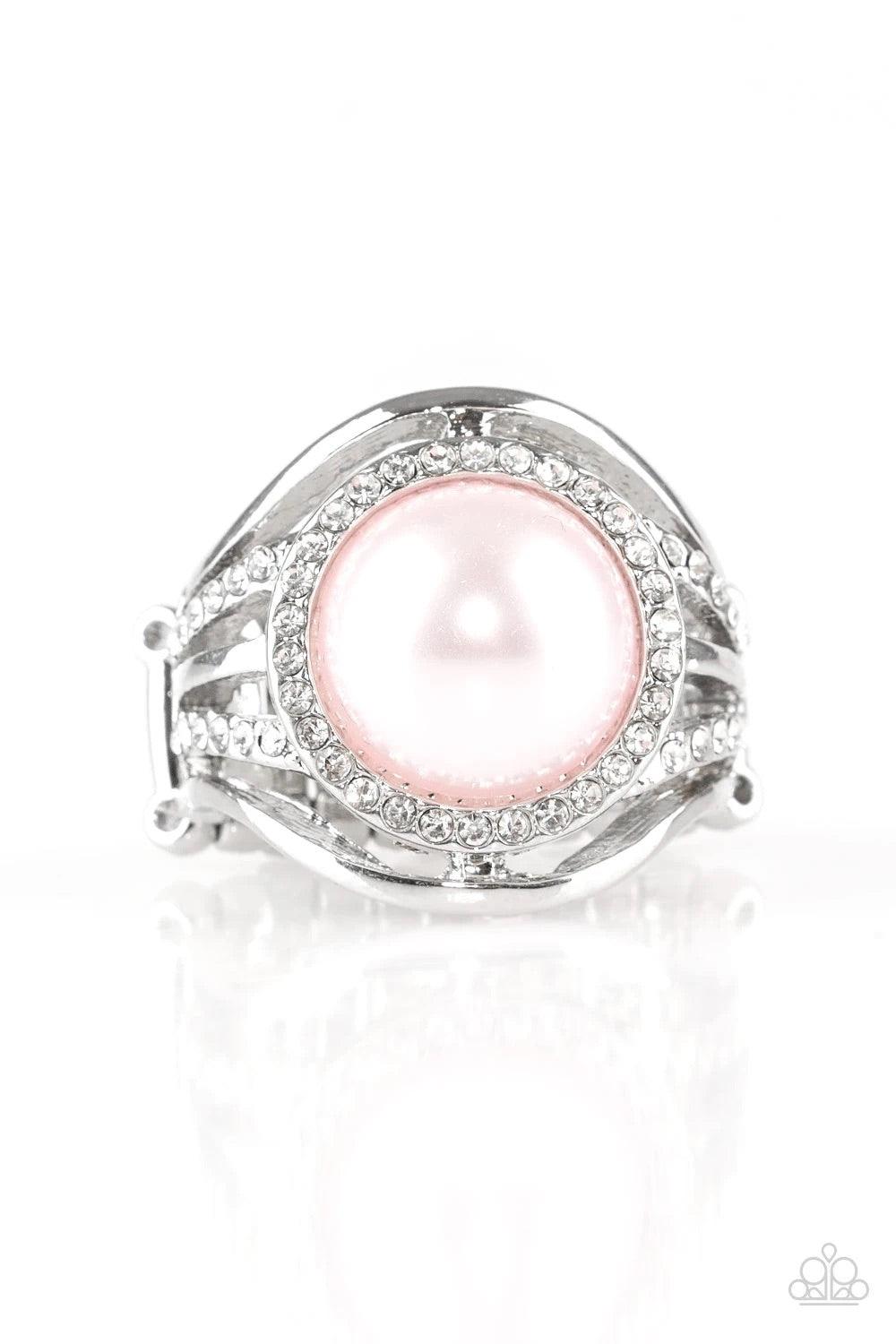 Paparazzi Accessories Pampered in Pearls - Pink Shiny silver bands and white rhinestone encrusted bands flare from a pink pearl drop center for a glamorous look. Features a stretchy band for a flexible fit. Sold as one individual ring. Rings