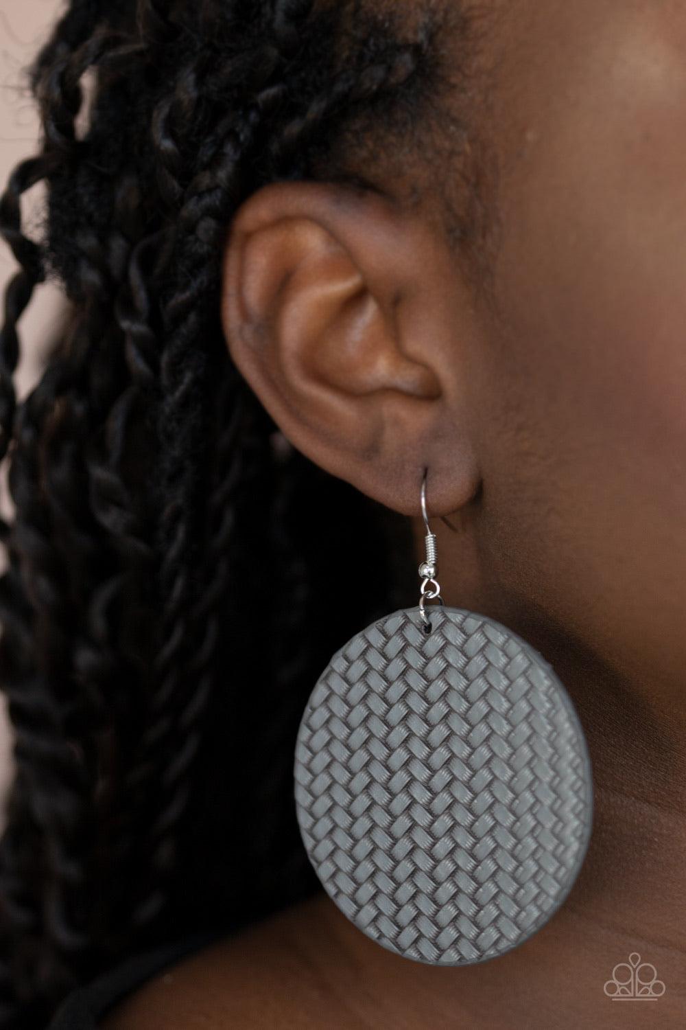 Paparazzi Accessories Weave Your Mark ~Silver Shiny gray cording weaves into a plaited frame for a colorfully rustic look. Earring attaches to a standard fishhook fitting. Sold as one pair of earrings.