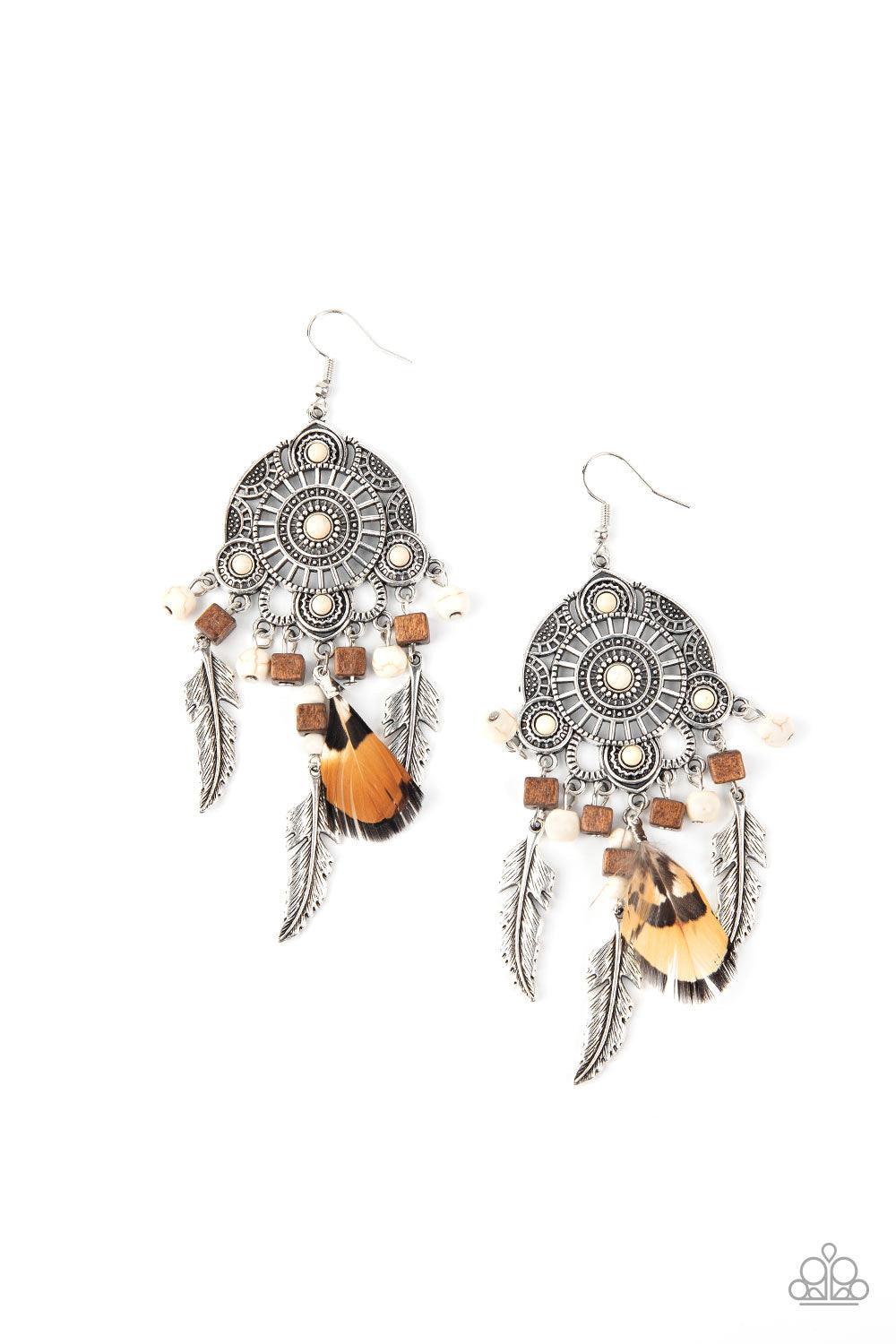 Paparazzi Accessories Desert Plains - White Radiating with studded patterns, a white stone dotted silver frame gives way to a whimsical collection of silver feather charms, wooden cube beads, refreshing white stones, and a brown feather, creating a whimsi