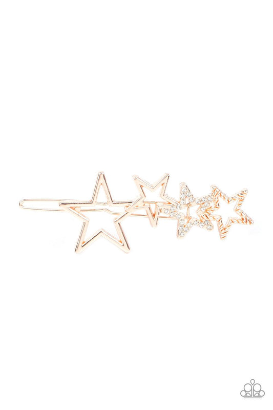 Paparazzi Accessories From STAR to Finish - Gold Featuring shiny, textured, and white rhinestone encrusted finishes, a collection of gold stars coalesce into a stellar frame. Features a clamp barrette closure. Sold as one individual hair clip. Hair Access