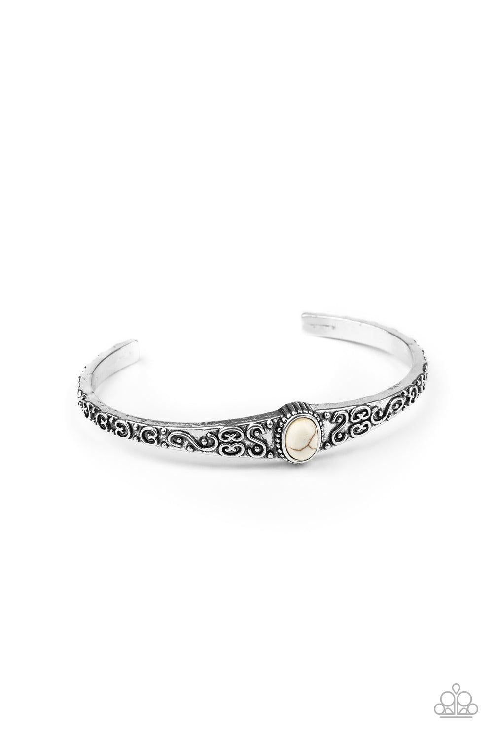 Paparazzi Accessories Make Your Own Path - White Infused with a refreshing white stone center, a dainty silver cuff has been embossed in swirling antiqued detail for a seasonal look. Sold as one individual bracelet. Jewelry