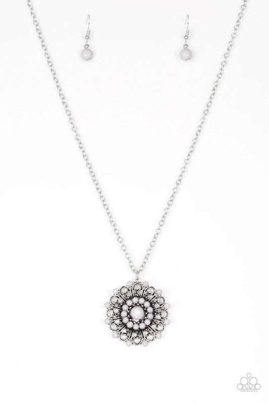 Paparazzi Accessories Boho Bonanza - Silver Neutral gray beads are sprinkled along ornate silver petals, creating a colorful floral frame. The whimsical pendant swings from the bottom of a lengthened silver chain for a seasonal look. Features an adjustabl