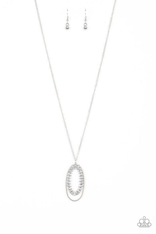 Paparazzi Accessories Money Mood - White Ringed in a studded silver frame, glittery white rhinestones collect into glamorous pendant at the bottom of a lengthened silver chain for a refined flair. Features an adjustable clasp closure. Sold as one individu