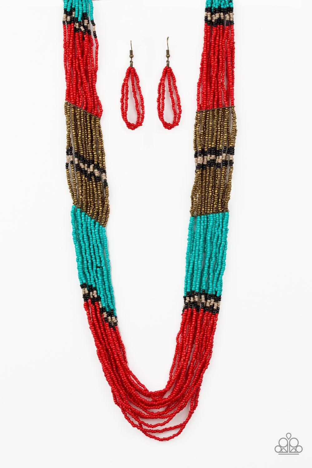Paparazzi Accessories Rio Roamer - Red An assortment of black, brass, red, tan, and turquoise seed beads are threaded along invisible wires, creating colorful layers across the chest. Features an adjustable clasp closure. Jewelry