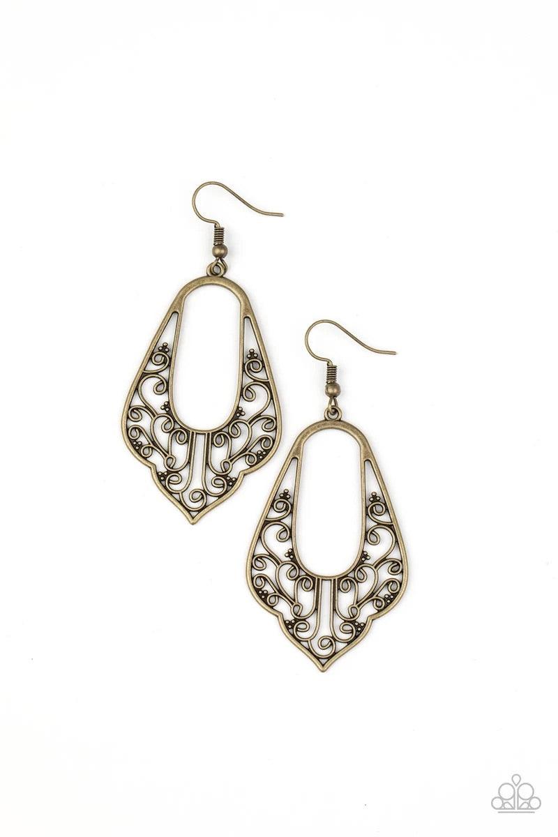 Paparazzi Accessories Grapevine Glamour - Brass Tiers of faceted silver beads and bubbly white pearls dangle from the bottom of a dainty silver wire hoop, creating an elegant fringe. Earring attaches to a standard fishhook fitting. Sold as one pair of ear