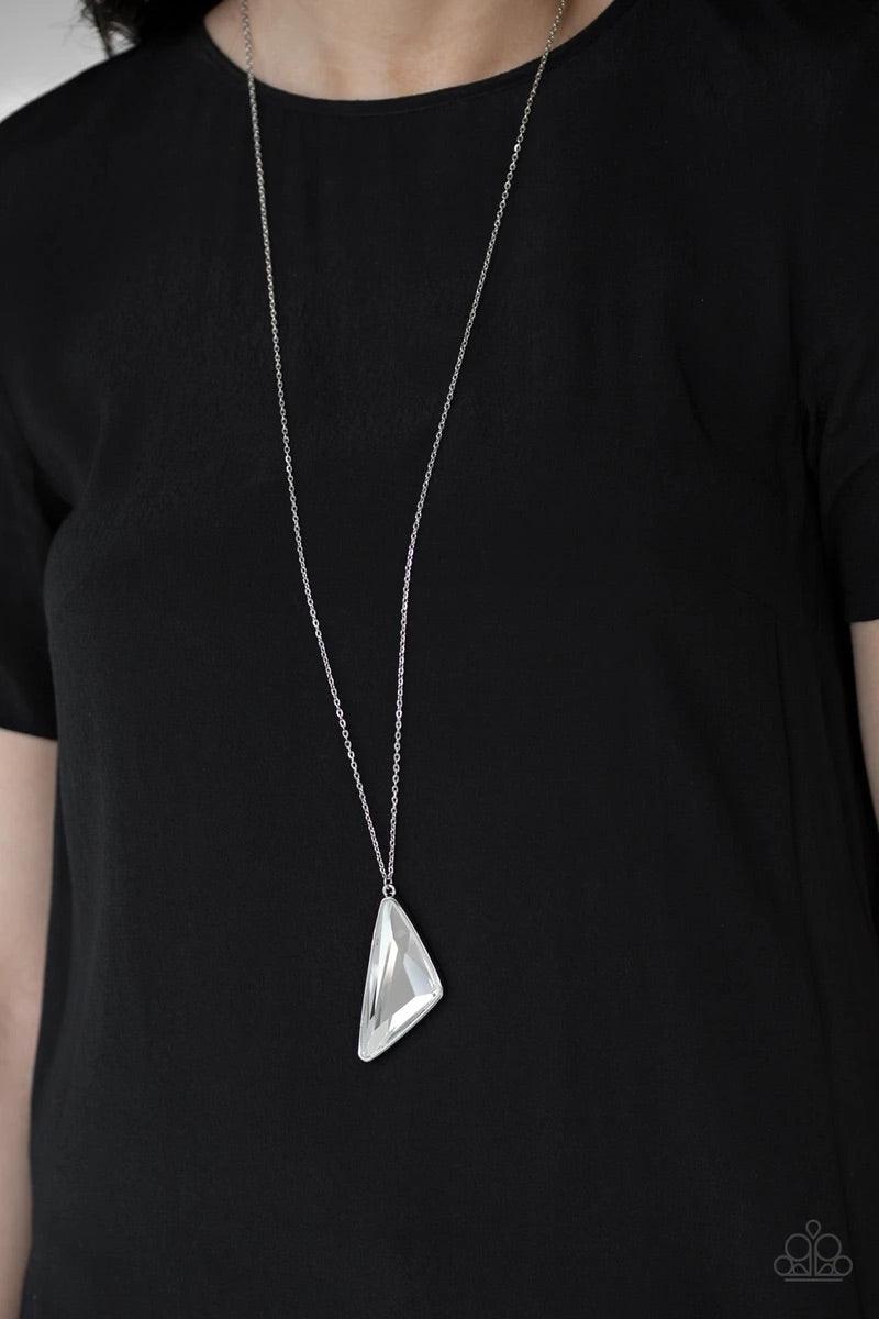 Paparazzi Accessories Ultra Sharp - Silver Cut into a striking triangular shape, a faceted smoky gem swings from the bottom of a lengthened silver chain for an edgy-glamorous fashion. Features an adjustable clasp closure. Sold as one individual necklace.