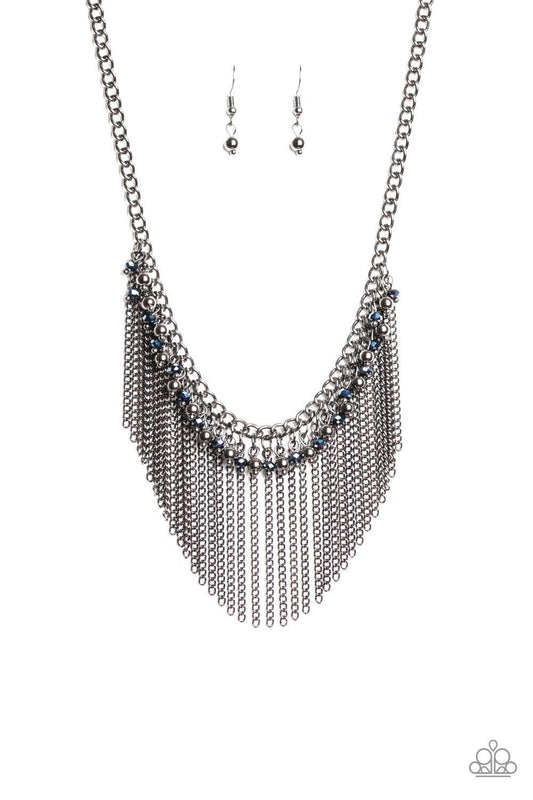 Paparazzi Accessories Divinely Diva - Blue A glistening fringe of shiny gunmetal beads, metallic blue crystal-like beads, and glistening gunmetal chains dangle from the bottom of a classic gunmetal chain, creating an edgy-glamorous fringe below the collar